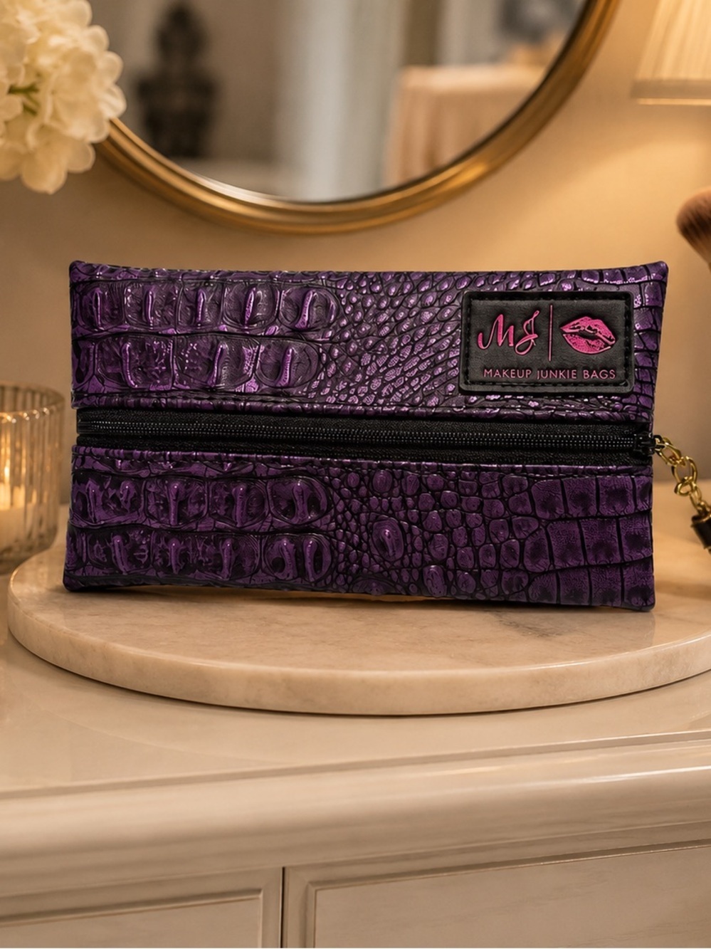 Makeup Junkie Bags Purple Croc-Embossed Cosmetic Pouch with Tassel